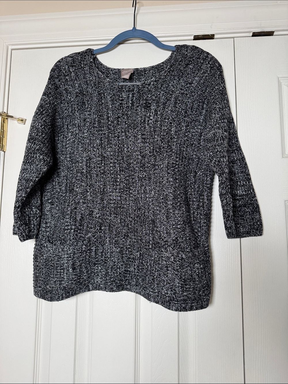 Chico's Marled Knit chunky 3/4-Sleeve Pullover Sweater with Front Pockets size 2